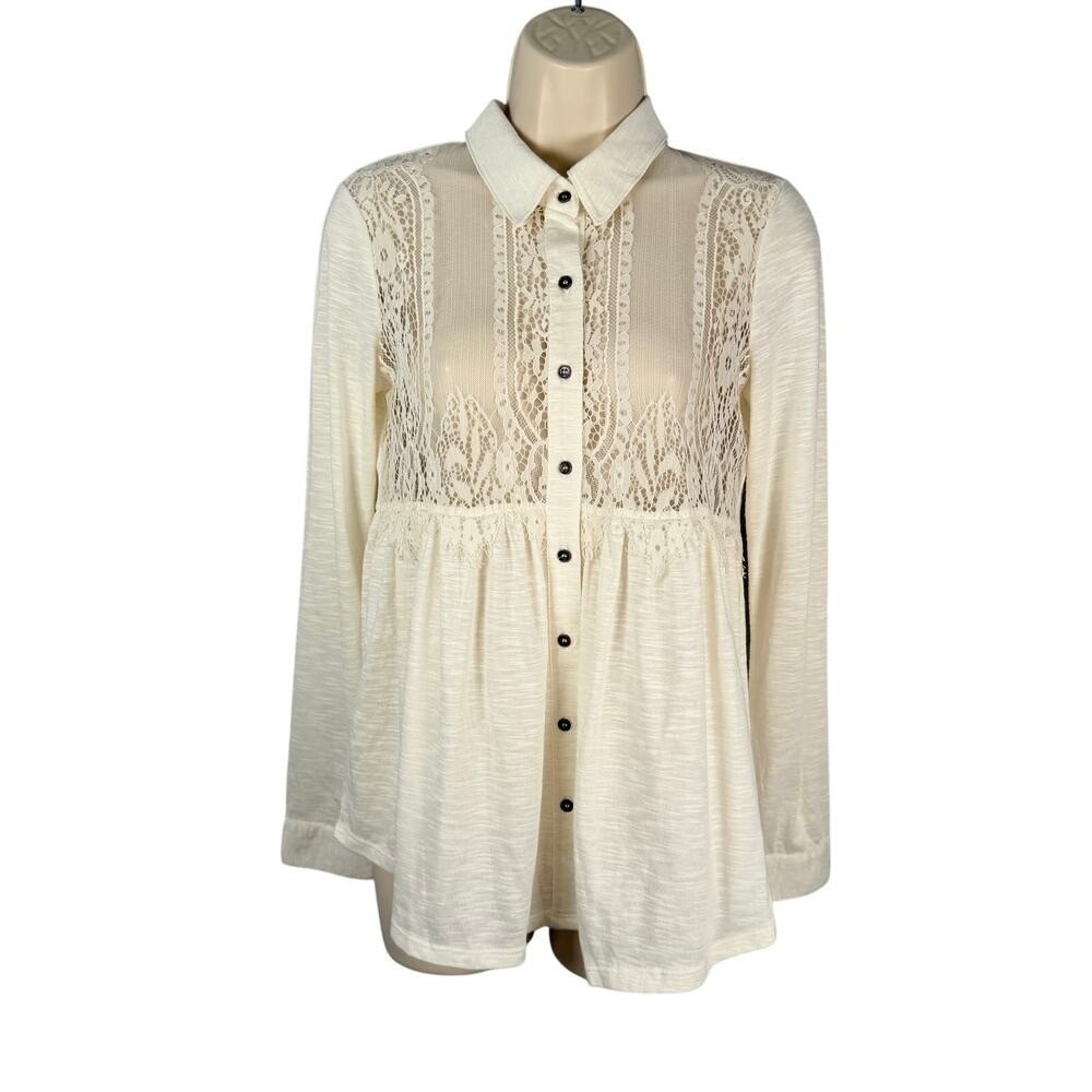 Grayson Top Medium Off-white Slub Knit Sheer Lace Trim Babydoll Long Sleeve Boho